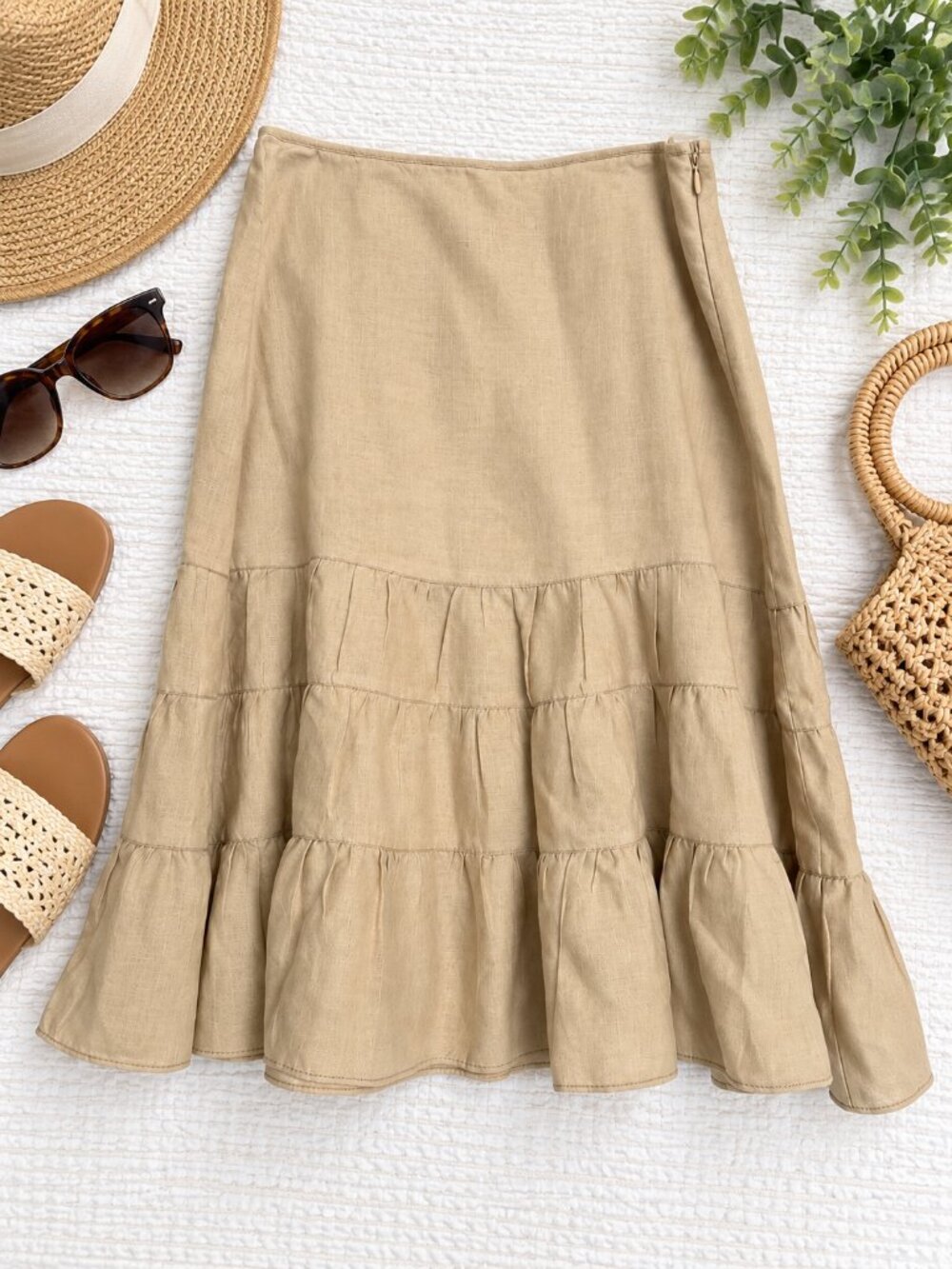 St John's Bay Beige Tiered Linen Blend Midi Skirt Size 8 Coastal Boho 100% Linen